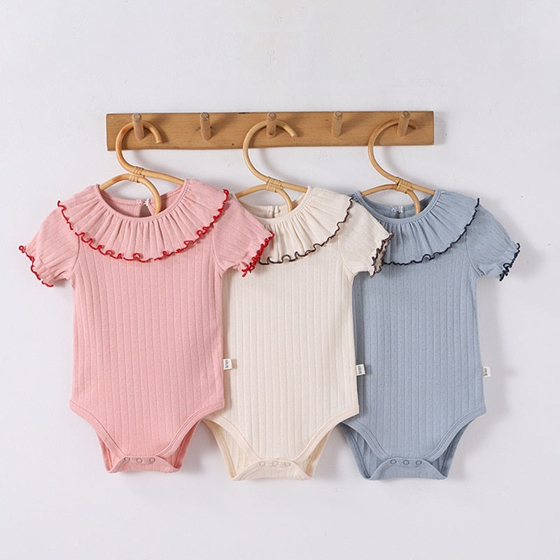 Summer Arrival Baby Unisex Ruffle Design Short Sleeves Thin Onesies-0